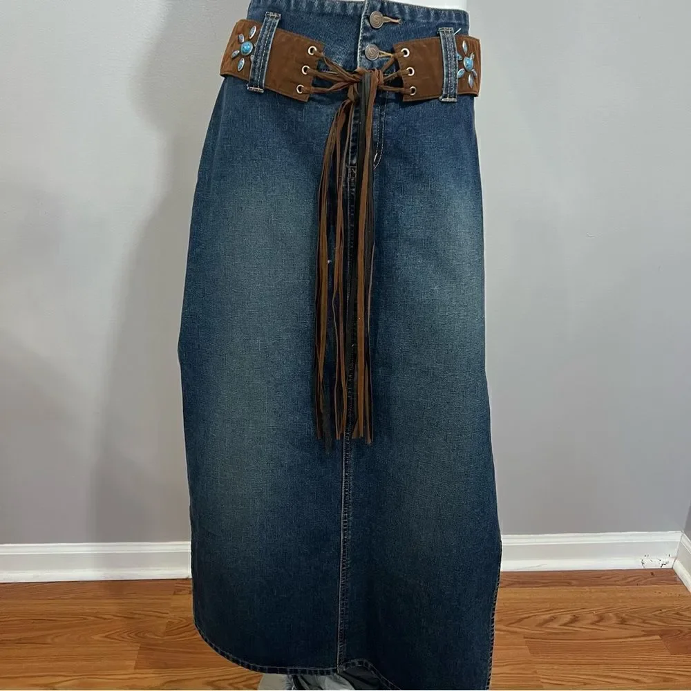Vintage‎ Y2K Squeeze by Stephen Hardy side slit midi blue jean skirt - 9/10